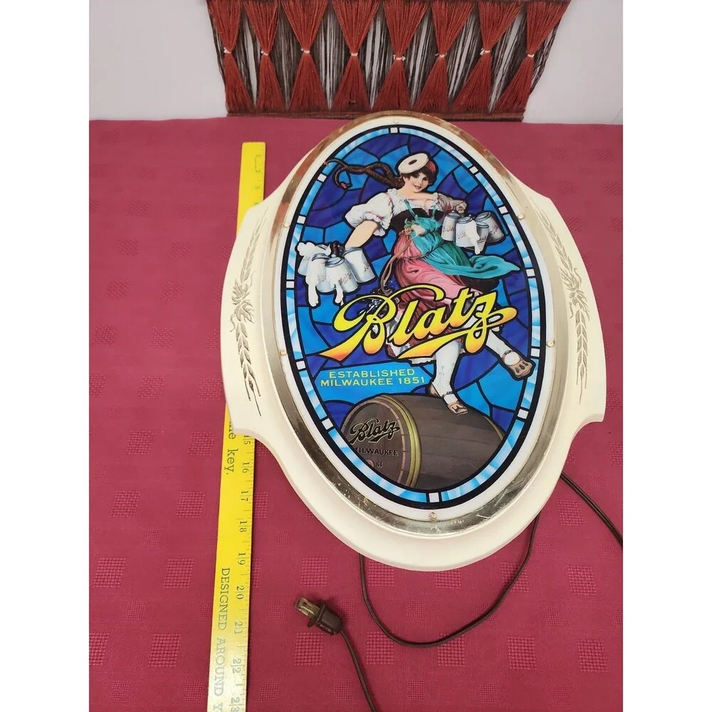 VTG 1960s Blatz Beer Sign Lighted Valerie The Barmaid Faux Stained Glass Working